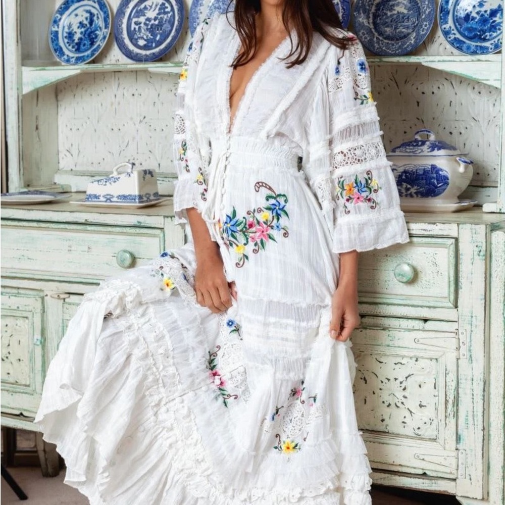 Fillyboo Charm Your Way - Embroidered maxi dress/duster - Rosey Tea in Ivory